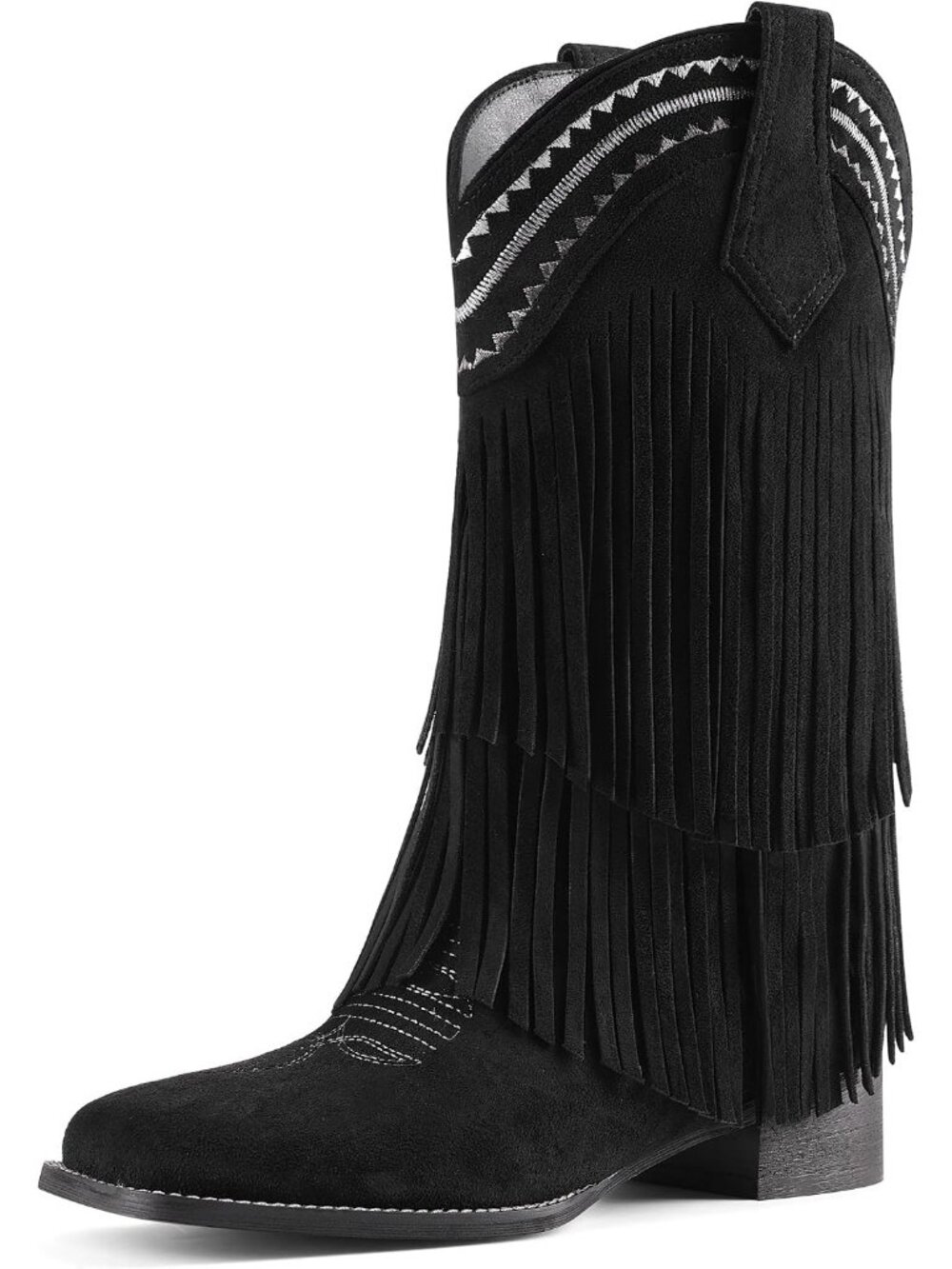 Women's Black Low Chunky Block Heel Square Toe Fringe Mid Calf Cowgirl Boots